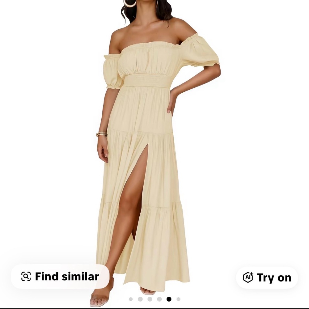 Off-Shoulder Cream Maxi Dress with Front Slit